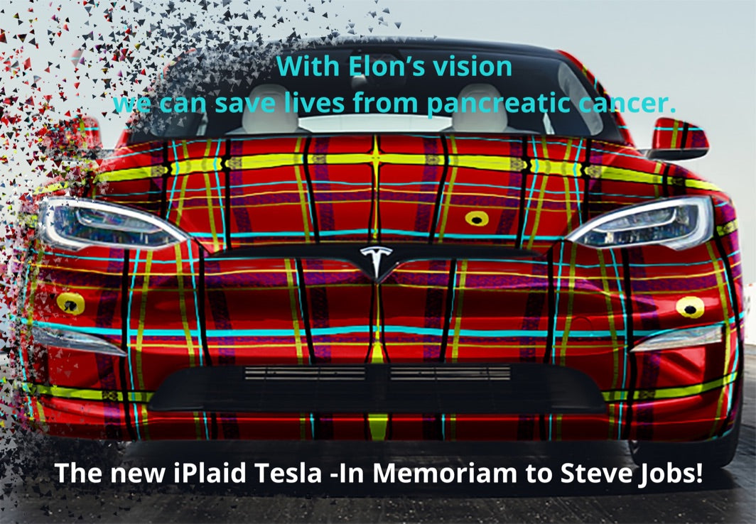 The iPlaid Tesla wrapped in Susan Fielder's plaid art, in memoriam to Steve Jobs