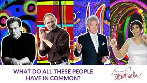 What do all these people have in common? A Susan Fielder art piece featuring Patrick Swayze, Steve Jobs, Alex Trebek, and Aretha Franklin